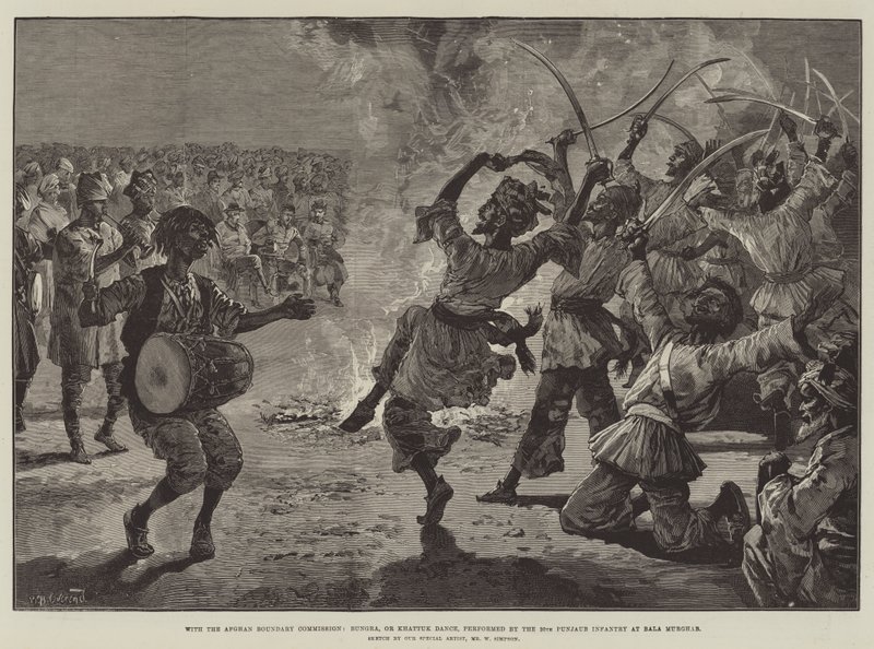 Met de Afghaanse Grenscommissie, Bungra, of Khattuk Dans, uitgevoerd door de 20e Punjaub Infanterie bij Bala Murghab door William Heysham Overend