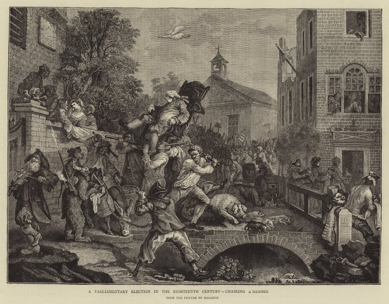 Een parlementaire verkiezing in de achttiende eeuw, het dragen van een lid door William Hogarth