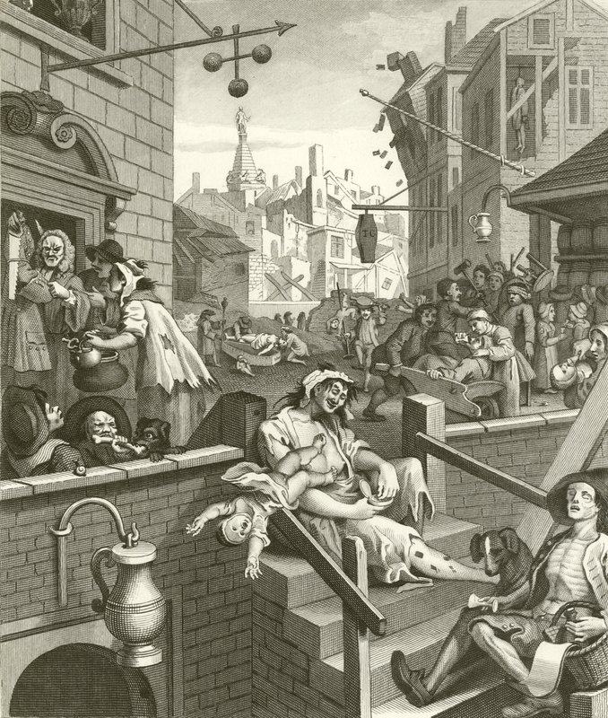 Bierstraat en Ginsteeg door William Hogarth