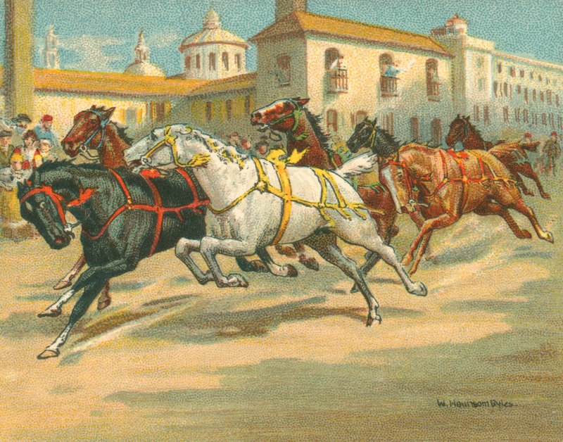 Historische en Moderne Races, Ruiterloze Paardenraces in Italië (chromolitho) door William Hounsom Byles