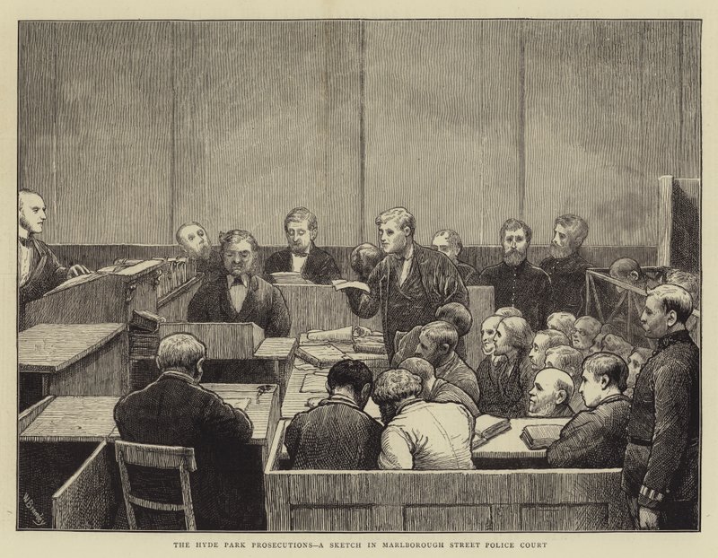 De vervolgingen in Hyde Park, een schets in het Marlborough Street Police Court door William III Bromley