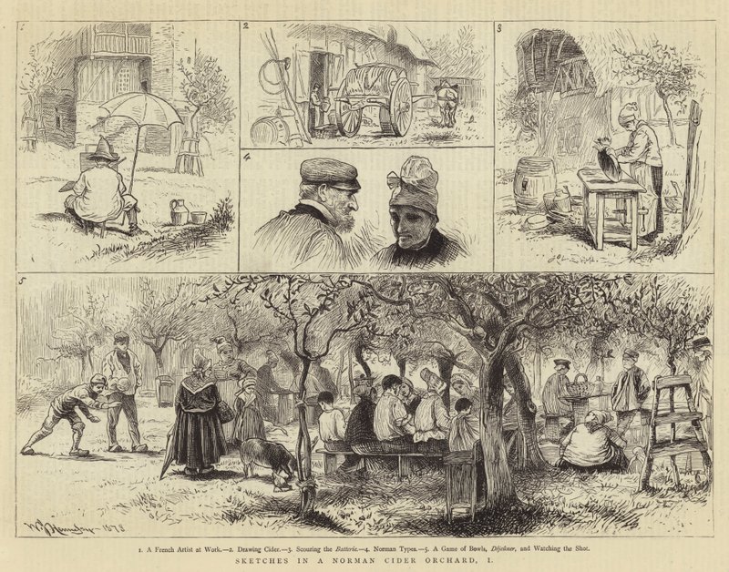 Schetsen in een Normandische Ciderboomgaard, I door William John Hennessy