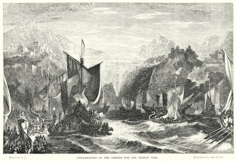 Inscheping van de Grieken voor de Trojaanse oorlog (gravure) door William Linton