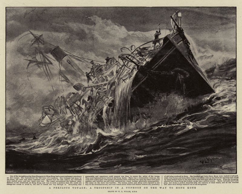 Een gevaarlijke reis, een troepenschip in een tyfoon op weg naar Hong Kong door William Lionel Wyllie