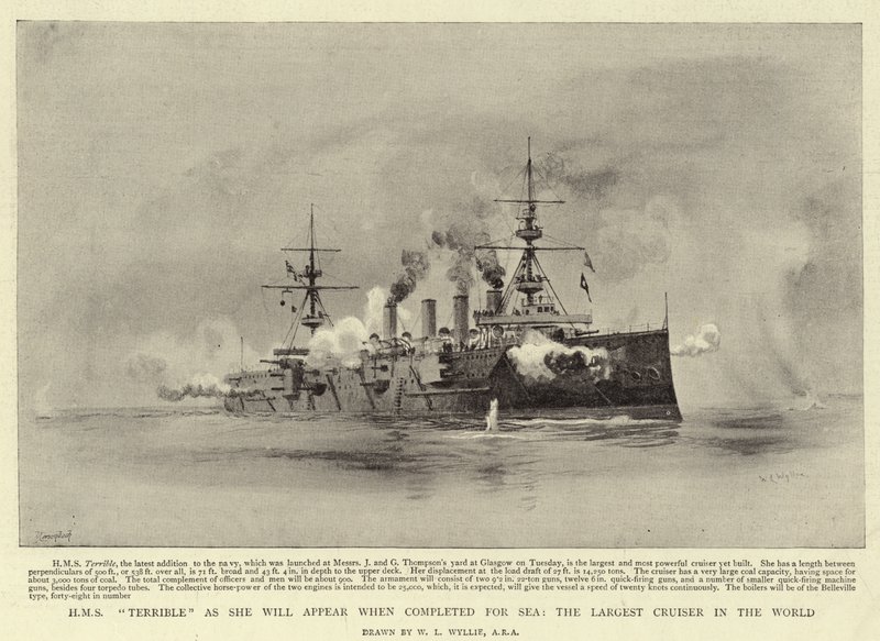 HMS Terrible zoals ze zal Verschijnen wanneer ze klaar is voor Zee, de Grootste Kruiser ter Wereld door William Lionel Wyllie