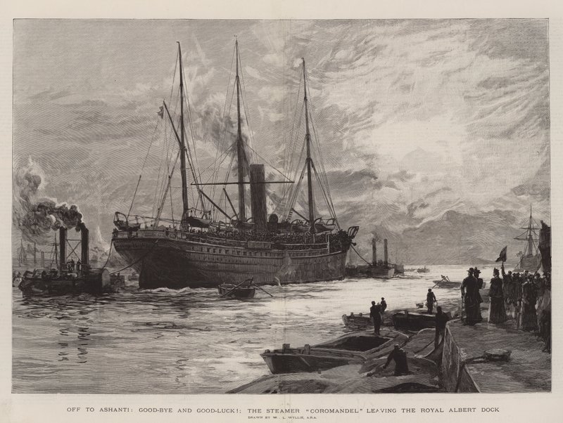 Op naar Ashanti, vaarwel en veel geluk!, de stoomboot Coromandel verlaat de Royal Albert Dock door William Lionel Wyllie