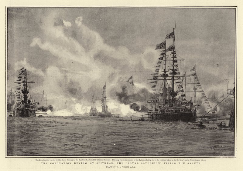 De Kroningsparade bij Spithead, de Royal Sovereign vuurt het Saluut af door William Lionel Wyllie
