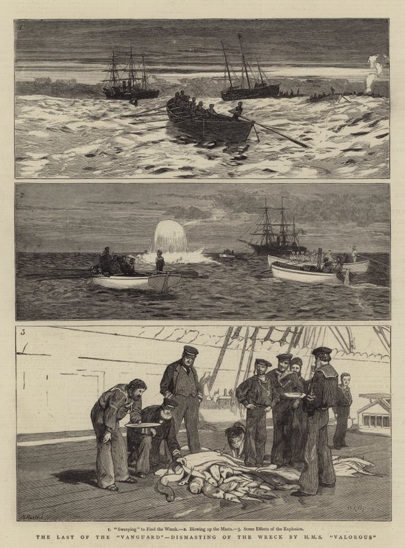De laatste van de voorhoede, ontmasting van het wrak door HMS Valorous door William Lionel Wyllie