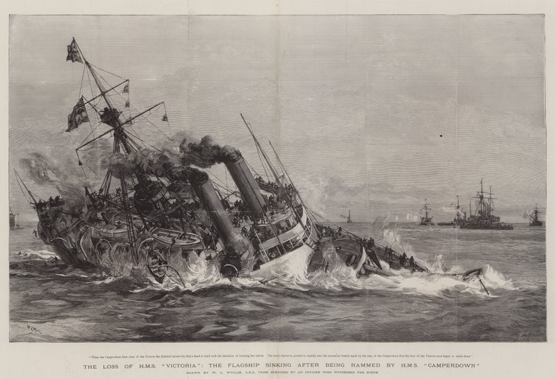 Het verlies van HMS Victoria, het vlaggenschip dat zinkt na te zijn geramd door HMS Camperdown door William Lionel Wyllie