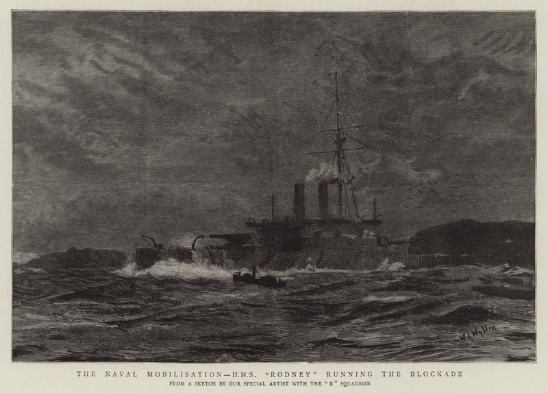 De maritieme mobilisatie, H.M.S. Rodney doorbreekt de blokkade door William Lionel Wyllie