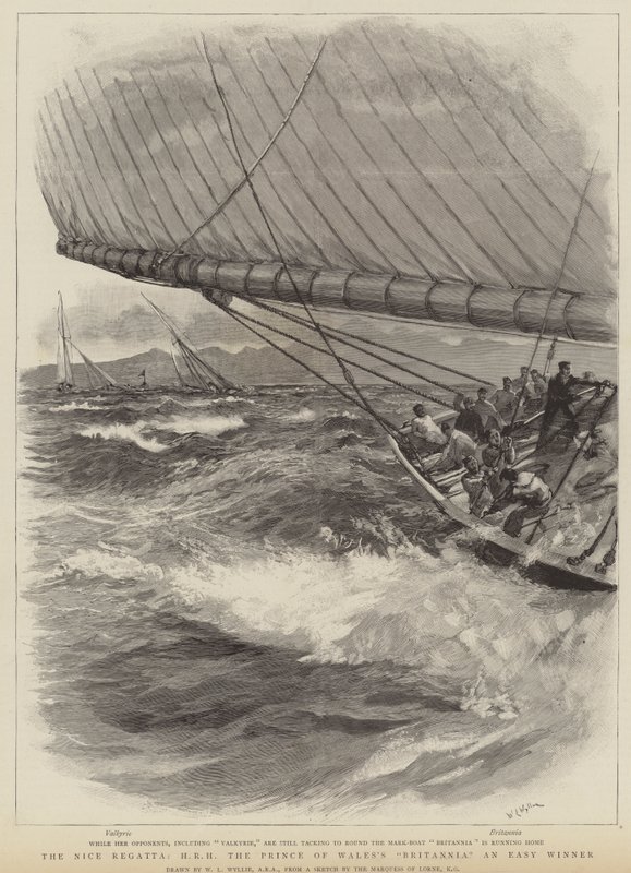 De regatta van Nice, HRH De Britannia van de Prins van Wales als gemakkelijke winnaar door William Lionel Wyllie