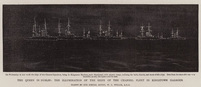 De Koningin in Dublin, de Verlichting van de Schepen van de Kanaalvloot in de Haven van Kingstown door William Lionel Wyllie