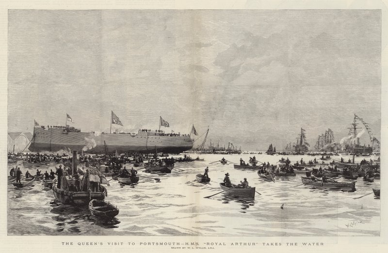 Het bezoek van de koningin aan Portsmouth, HMS Royal Arthur te water door William Lionel Wyllie