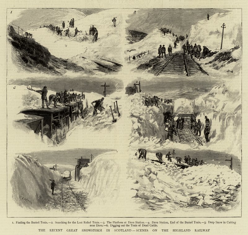 De Recente Grote Sneeuwstorm in Schotland, Scènes op de Hooglandspoorweg door William Lionel Wyllie