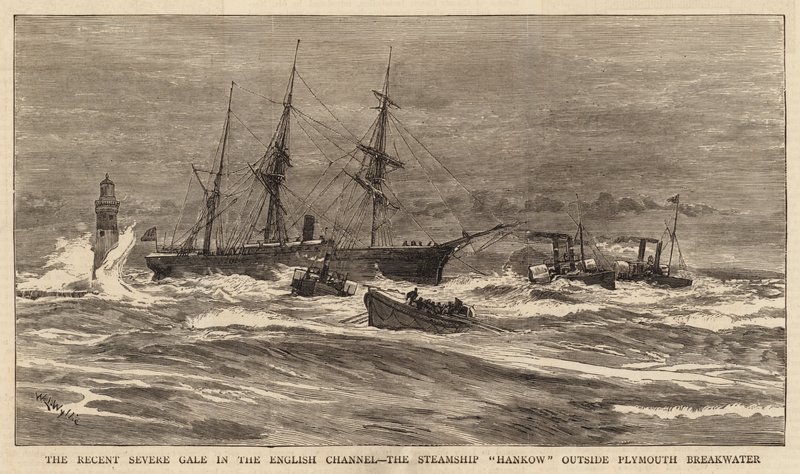 De Recente Zware Storm in het Engelse Kanaal, het Stoomschip Hankow buiten de Plymouth Golfbreker door William Lionel Wyllie