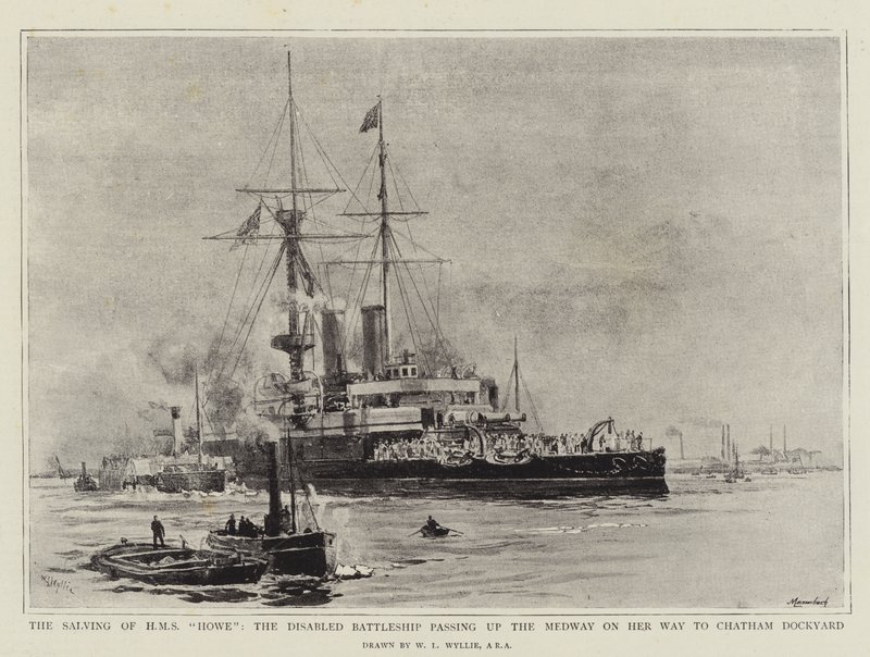 De Berging van HMS Howe, het Gehandicapte Slagschip op Weg naar Chatham Dockyard door William Lionel Wyllie