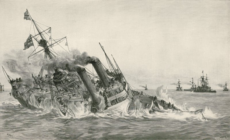 Het zinken van H.M.S. Victoria na botsing met H.M.S. Camperdown door William Lionel Wyllie