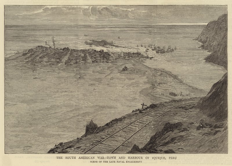 De Zuid-Amerikaanse Oorlog, Stad en Haven van Iquique, Peru door William Lionel Wyllie