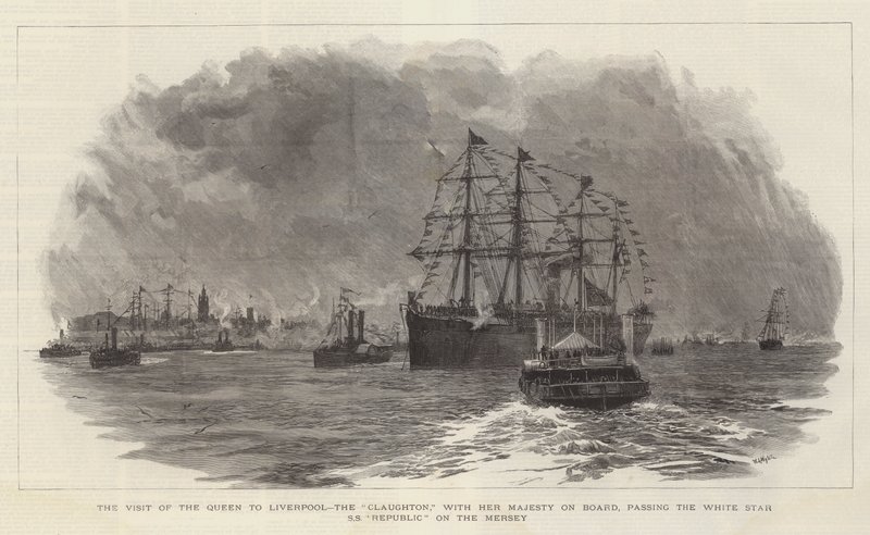 Het Bezoek van de Koningin aan Liverpool, de Claughton, met Hare Majesteit aan Boord, langs de White Star SS Republic op de Mersey door William Lionel Wyllie