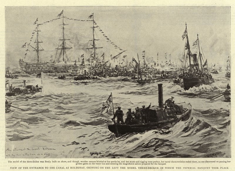 Uitzicht op de Ingang van het Kanaal bij Holtenau, met links het Model Drie-dekker waarin het Keizerlijk Banket plaatsvond door William Lionel Wyllie
