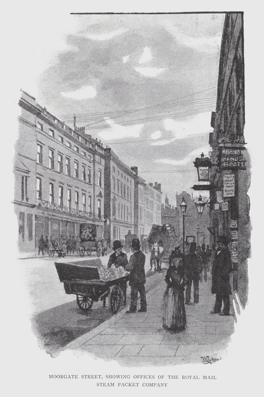 Moorgate Street, met kantoren van de Royal Mail Steam Packet Company door William Luker