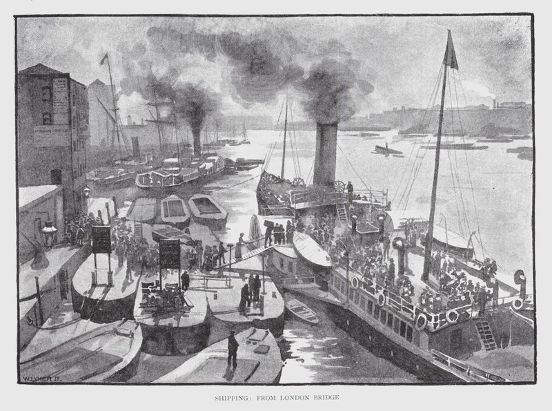 Scheepvaart, vanaf London Bridge door William Luker