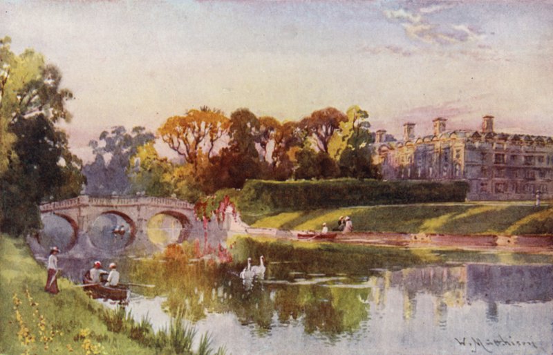 Clare College en brug vanaf de Cam, herfstavond door William Matthison