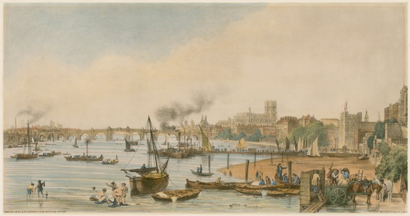 Westminster en Hungerford vanaf Waterloo Bridge, ca. 1840 door William Parrott