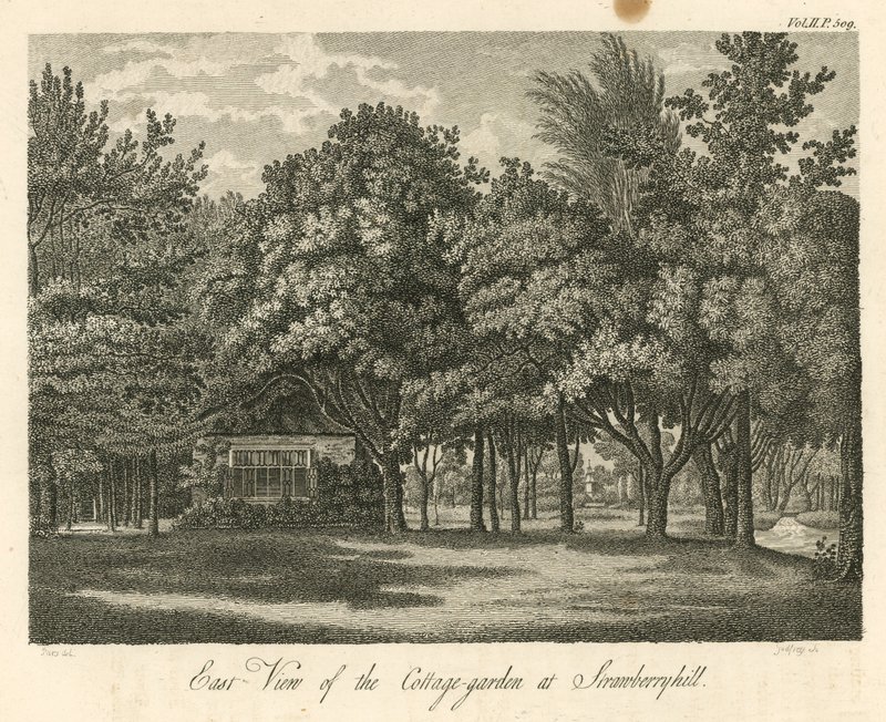 Oostelijk uitzicht op de cottage-tuin bij Strawberry Hill, Twickenham, Londen door William Pars