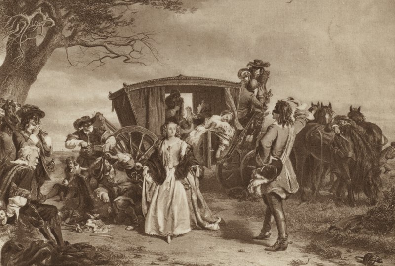 Familie overvallen door Franse struikrover Claude Duval door William Powell (after) Frith