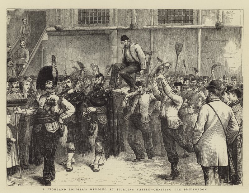 Een bruiloft van een Schotse soldaat in Stirling Castle, het dragen van de bruidegom door William Ralston