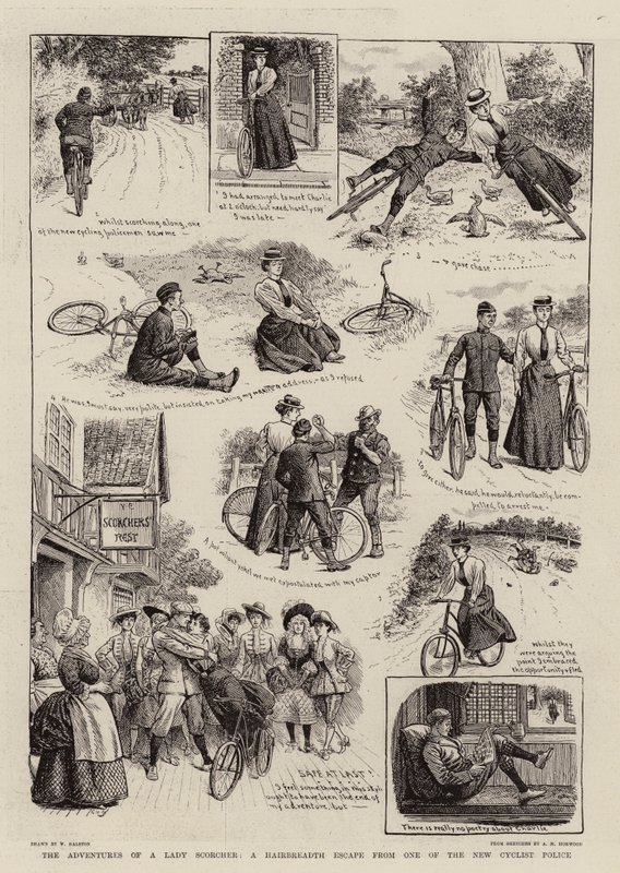 De avonturen van een dame op een fiets, een hachelijke ontsnapping aan een van de nieuwe fietsagenten door William Ralston