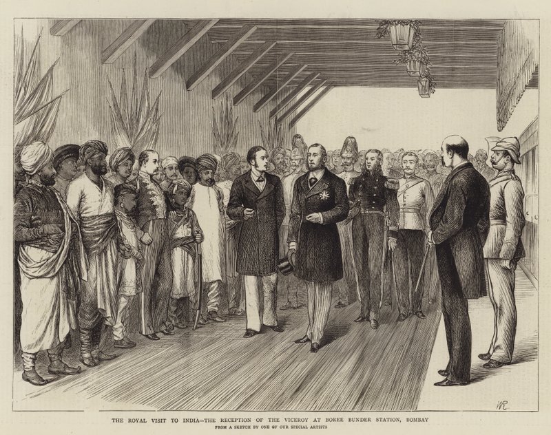 Het Koninklijk Bezoek aan India, de Ontvangst van de Onderkoning op Boree Bunder Station, Bombay door William Ralston