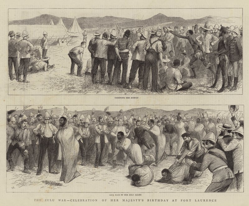De Zoeloe-oorlog, viering van de verjaardag van Hare Majesteit in Fort Laurence door William Ralston