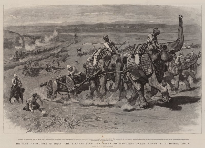 Militaire manoeuvres in India, de olifanten van de zware veldbatterij schrikken van een passerende trein door William Small