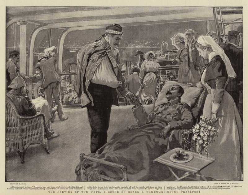 Het afscheid, een scène aan boord van een naar huis varend transport door William Small