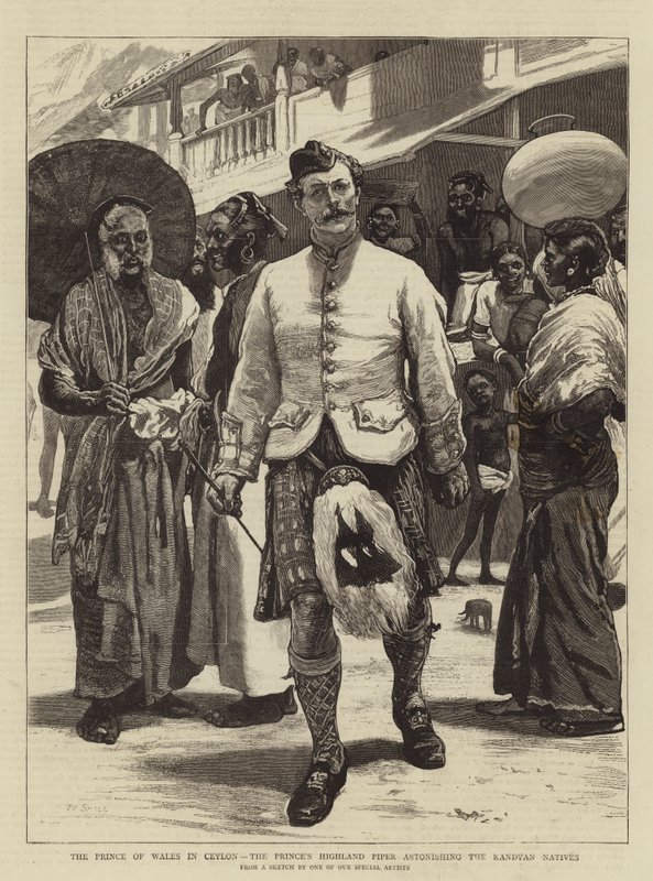 De prins van Wales in Ceylon, de Highland Piper van de prins die de Kandyan inboorlingen verbaast door William Small