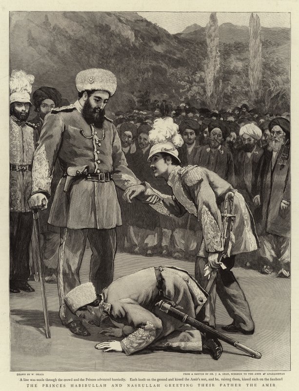 De prinsen Habibullah en Nasrullah begroeten hun vader de Amir door William Small