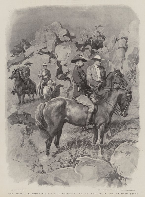 De opstand in Rhodesië, Sir F Carrington en Mr Rhodes in de Matoppo-heuvels door William Small