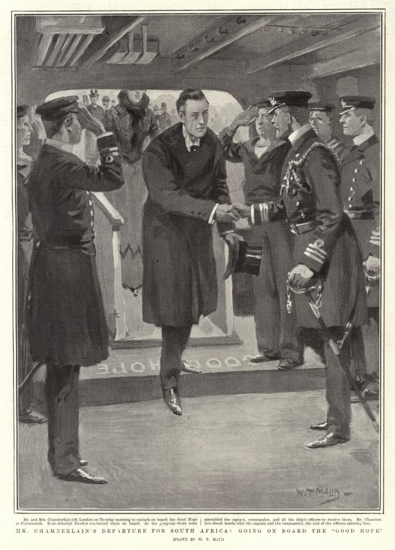 Het Vertrek van Mr Chamberlain naar Zuid-Afrika, aan boord van de Good Hope door William T. Maud