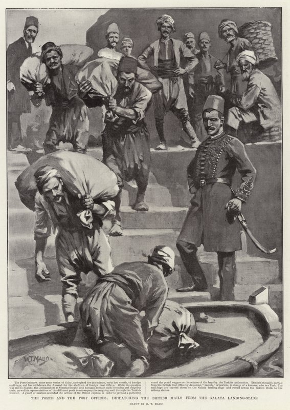 De Porte en de Postkantoren, het Verzenden van de Britse Post vanaf de Galata Aanlegsteiger door William T. Maud