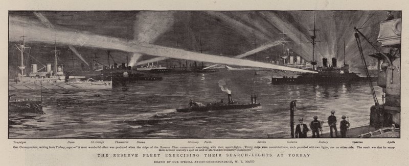 De Reservevloot oefent hun Zoeklichten in Torbay door William T. Maud