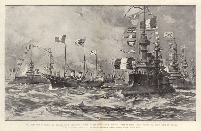 Het Bezoek van de Tsaar aan Frankrijk, Het Jacht Standart van Zijne Majesteit gevolgd door de Cassini met President Loubet aan boord, passerend door de Franse Vloot bij Duinkerken door William T. Maud