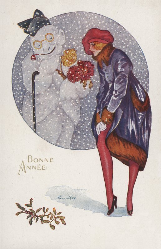 Nieuwjaarskaart met een meisje en een sneeuwman door Xavier Sager