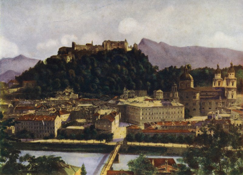 Een Uitzicht op Salzburg en de Hohen-Salzburg, Oostenrijk door after A. Langfier