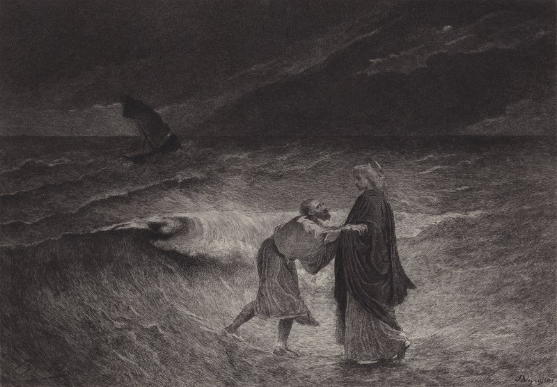 Jezus en Sint Petrus op zee door after Albert Robida