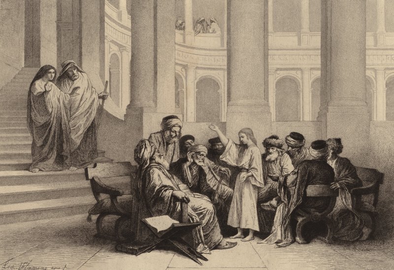 Jezus tussen de dokters door after Albert Robida