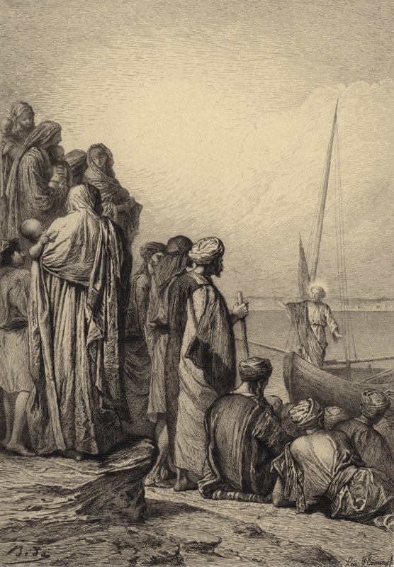 Jezus onderwijst in een schip door after Albert Robida