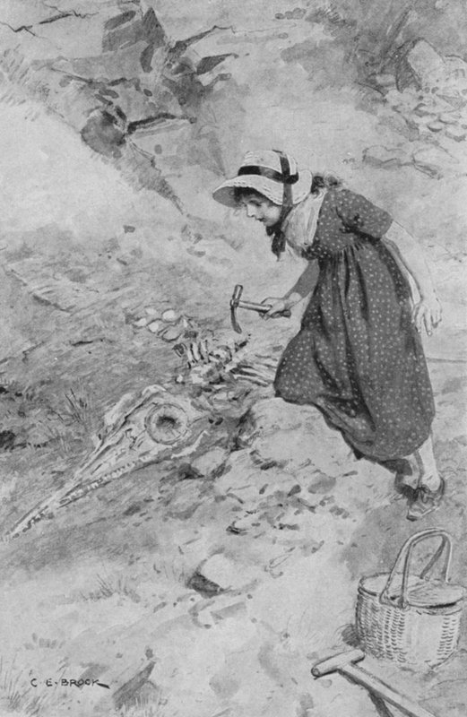 In Lyme Regis, Mary Anning, 12 jaar oud, ontdekt de eerste Ichthyosaurus gevonden in Engeland door after Charles Edmund Brock