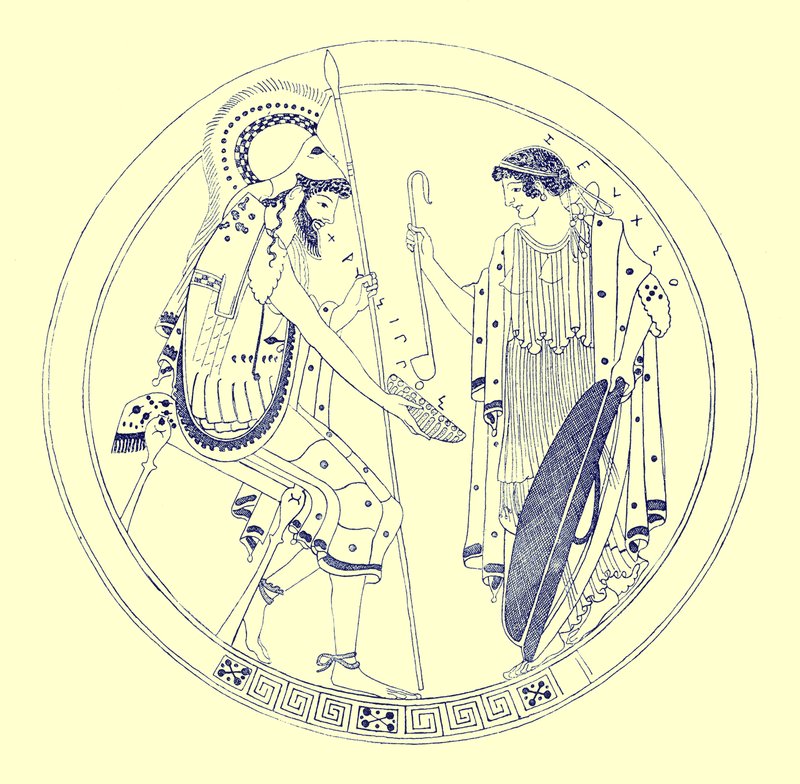 Een zittende krijger houdt zijn wijnbeker vast, illustratie uit Griekse Vaas Schilderijen door J. E. Harrison en D. S. MacColl, gepubliceerd 1894 door after English School